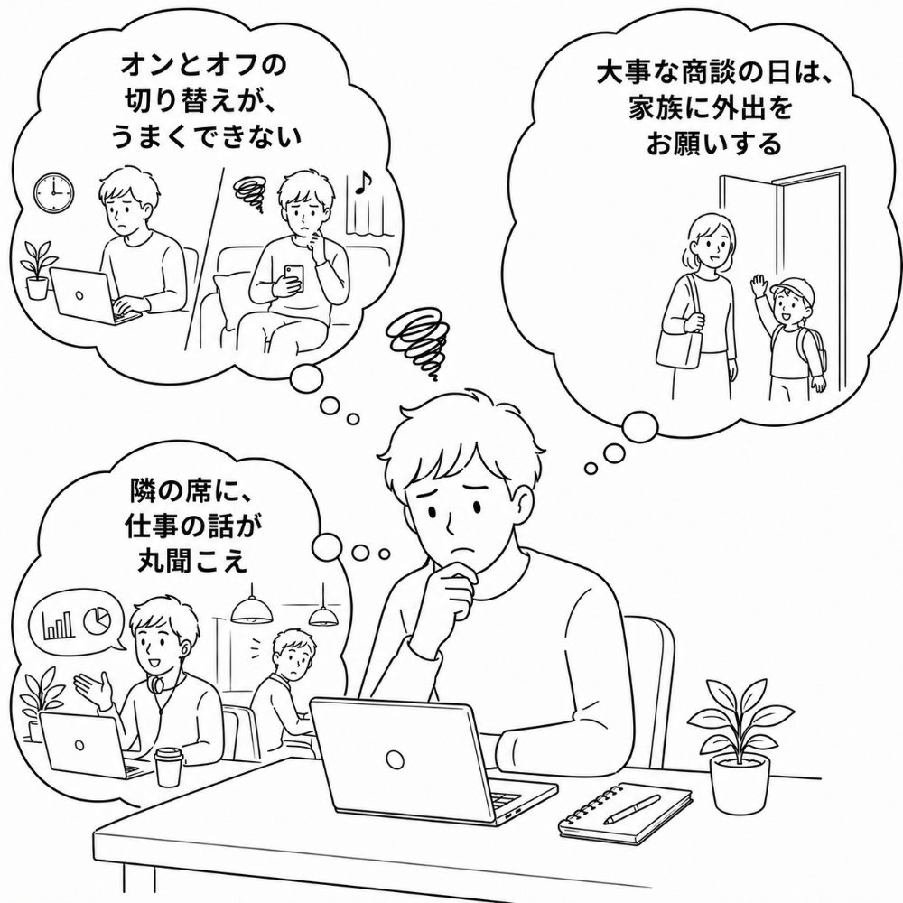 オンとオフの切り替えがうまくできない／大事な商談の日は家族に外出をお願いする／隣の席に仕事の話が丸聞こえ