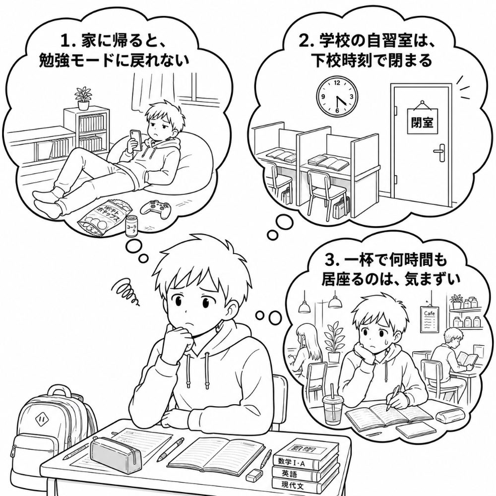 家に帰ると勉強モードに戻れない／学校の自習室は下校時刻で閉まる／一杯で何時間も居座るのは気まずい